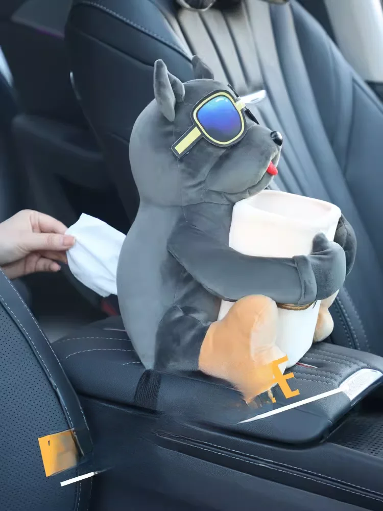 Caja de pañuelos montada en coche 2 en 1, muñeco de peluche de dibujos animados, reposabrazos automático, cajón de papel colgante, almacenamiento, cubo de basura y soporte para pañuelos para coche