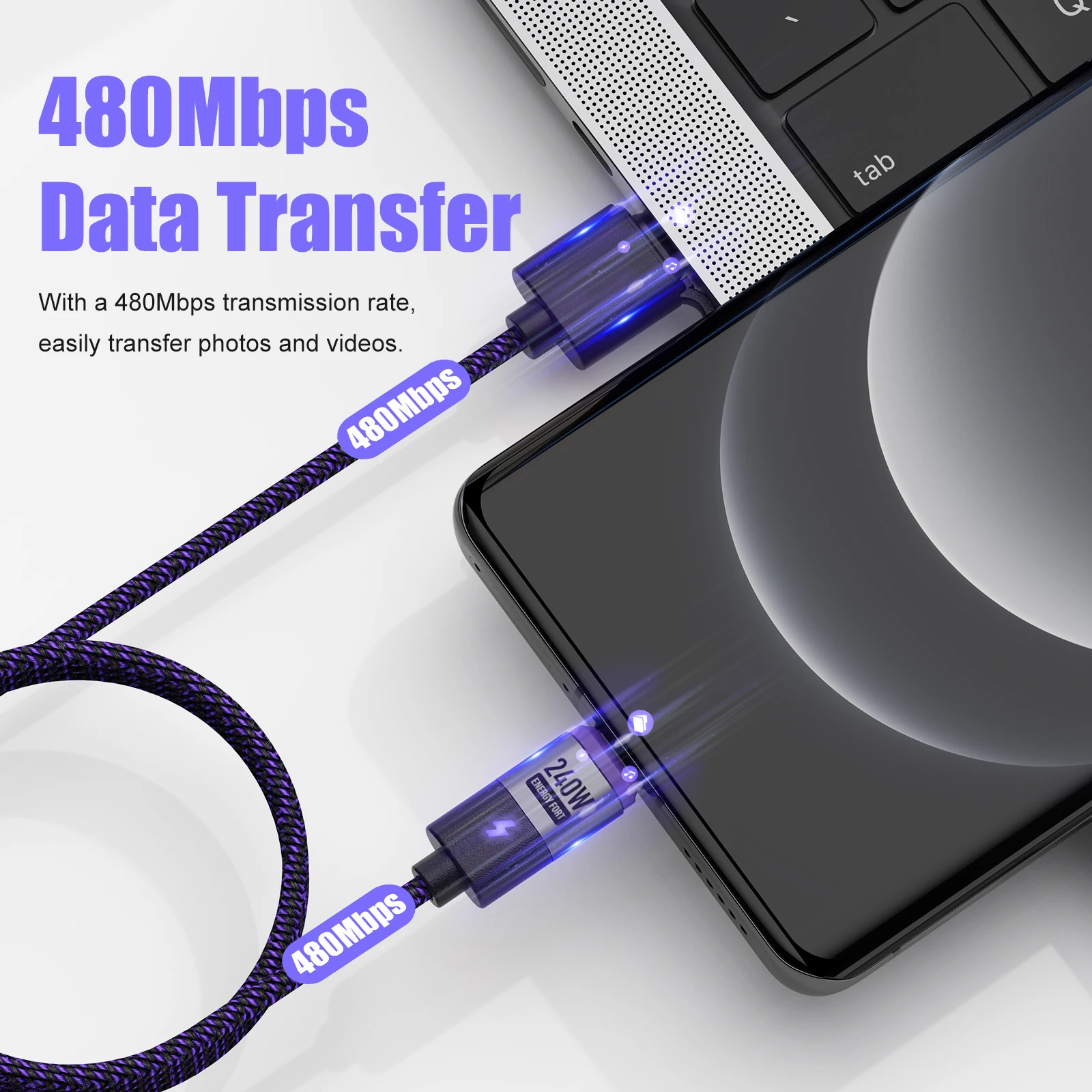 Cable de carga rápida magnético PD3.1 de 240W, Cable cargador tipo C con 3 enchufes, Cable de nailon E-Marker de 5A para teléfonos, tabletas y portátiles