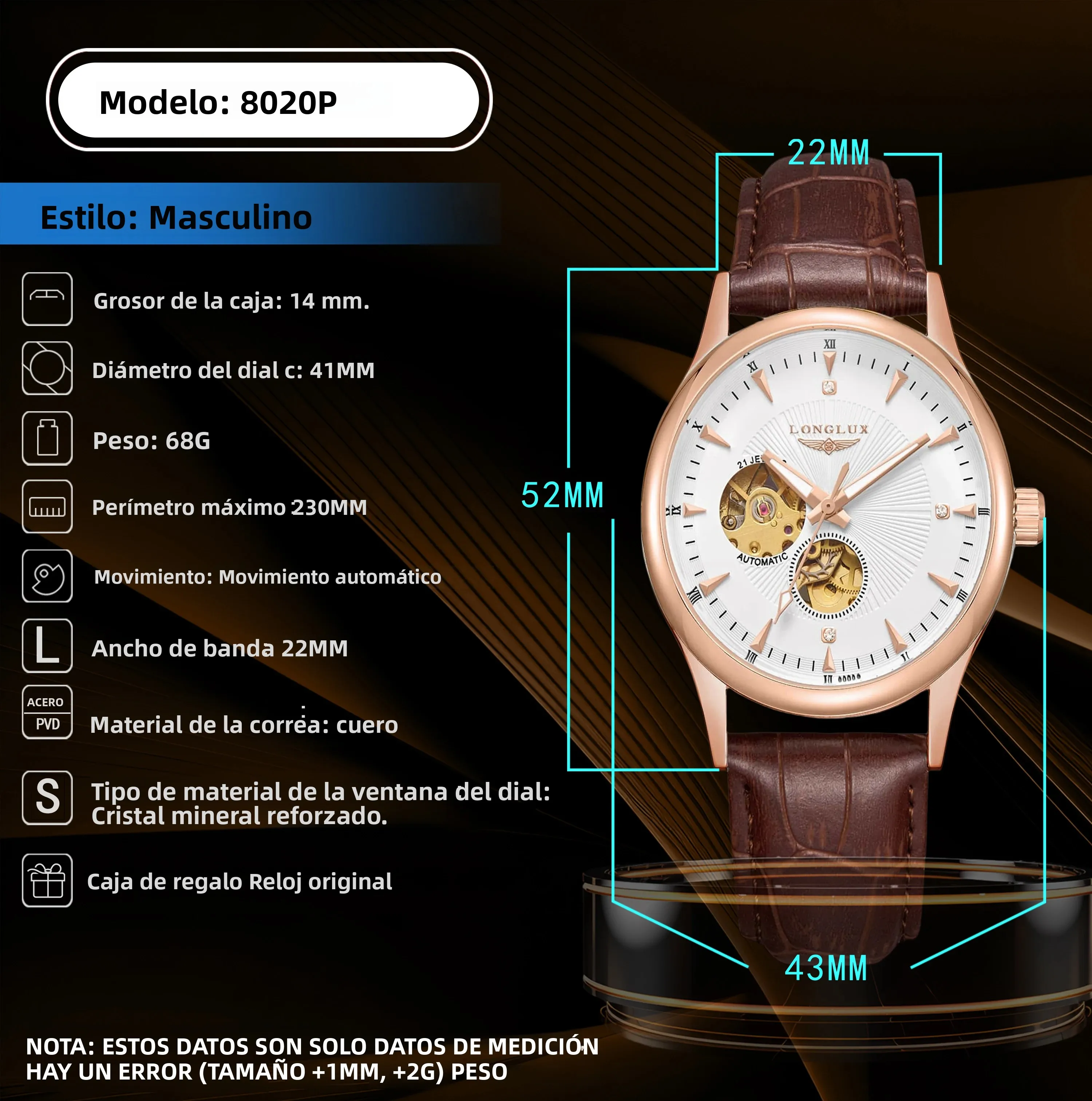 Reloj Automático LONGLUX, Estilo Elegante, Relojes de Pulsera Mecánicos al por Mayor, Esqueleto Romano, Resistente al Agua, Reloj para Hombre, Regalo para Hombre