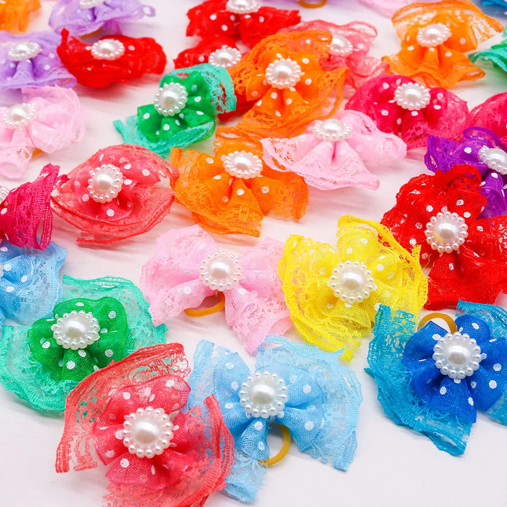 100 Uds. Accesorios para el cabello de perros a granel, lazos para el pelo de perros con banda de goma de encaje Diomand, lazos para perros pequeños, suministros para mascotas