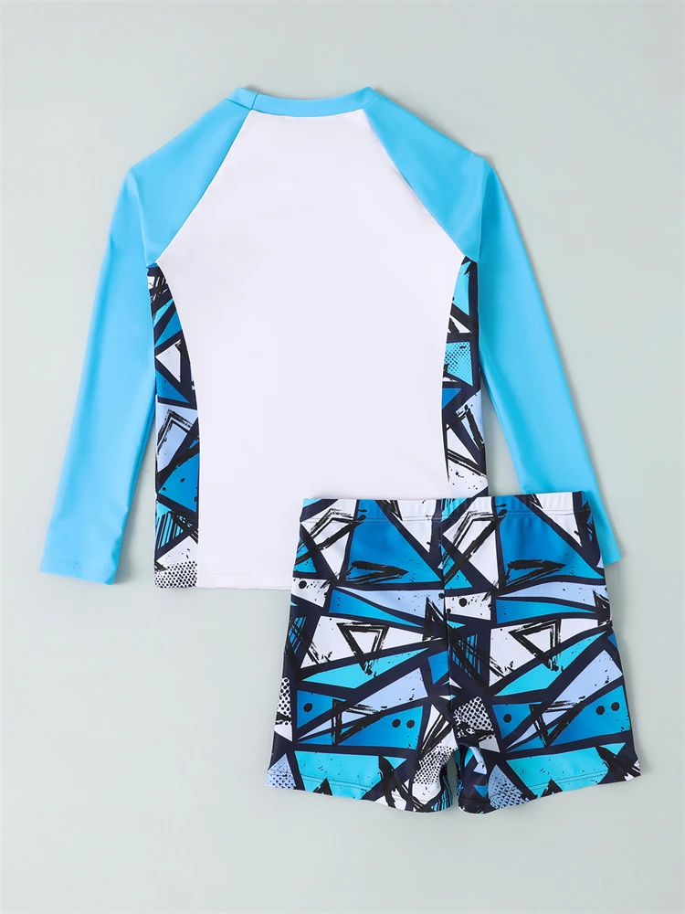 Traje de Baño para Niño 2026, Nuevo Diseño Geométrico, Manga Larga, Traje de Baño Infantil de Dos Piezas, Ropa de Playa para Niños, Traje de Baño para Natación