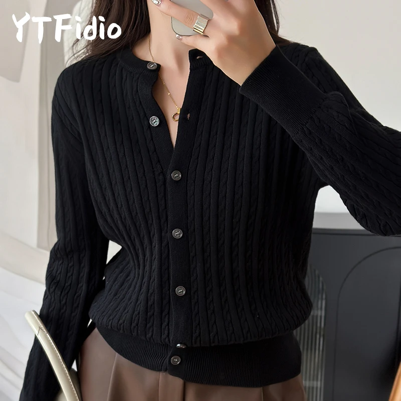 YTFidio 100% de algodón para mujer, cárdigan liso con flores retorcidas y cuello redondo, ropa de diseñador de lujo, jersey para mujer, Tops femeninos 392