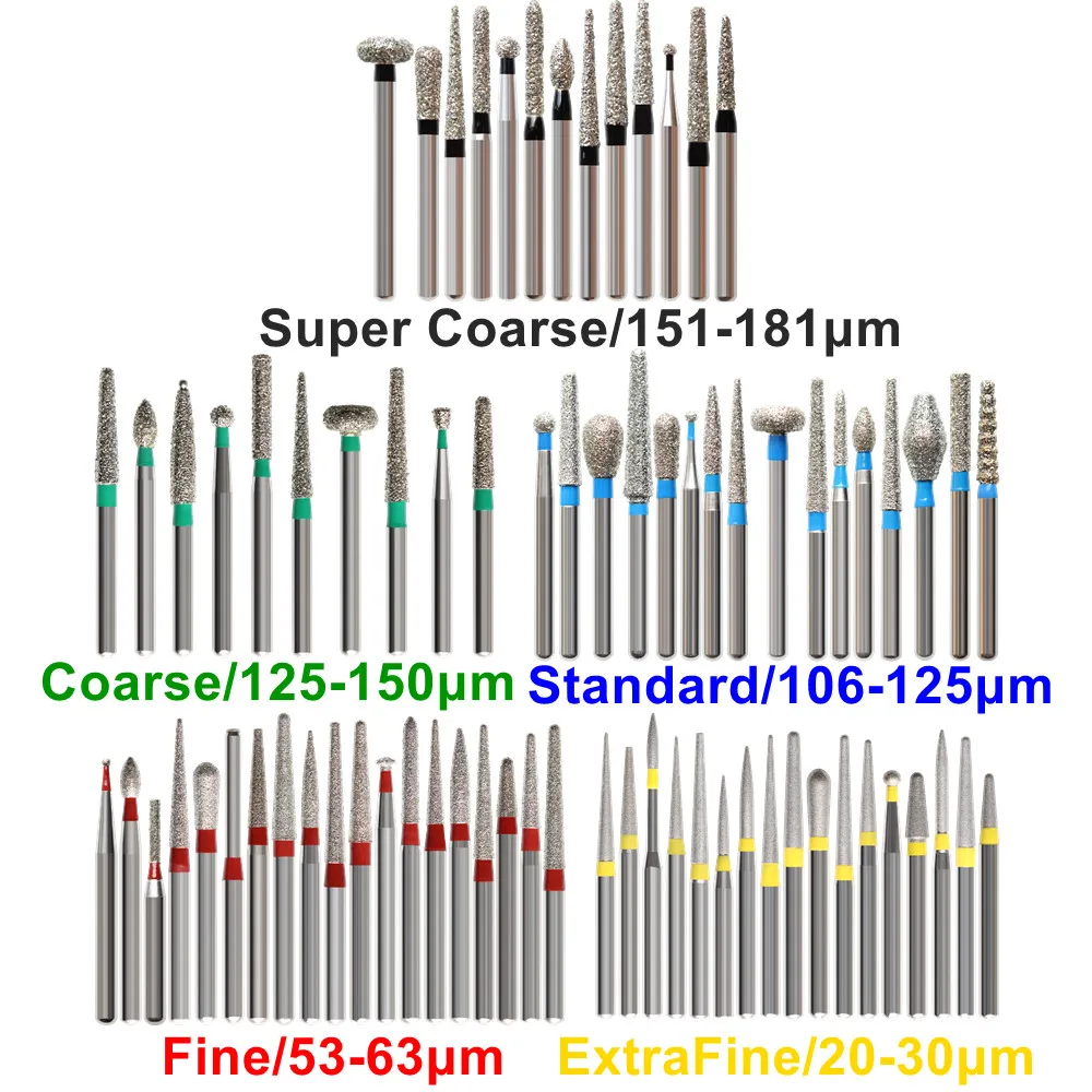 50 piezas/bolsa de fresas de diamante supergruesas/estándar/finas/extrafinas para odontología, broca FG de 1.6 mm, herramientas de alta velocidad para decoraciones dentales.