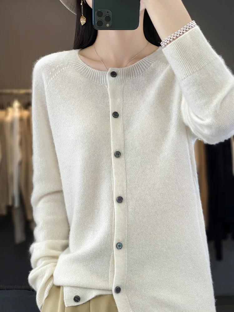 Cárdigans de lana merina de 100% para mujer, prendas de punto de manga larga con cuello redondo para otoño e invierno, ropa básica para mujer, Tops