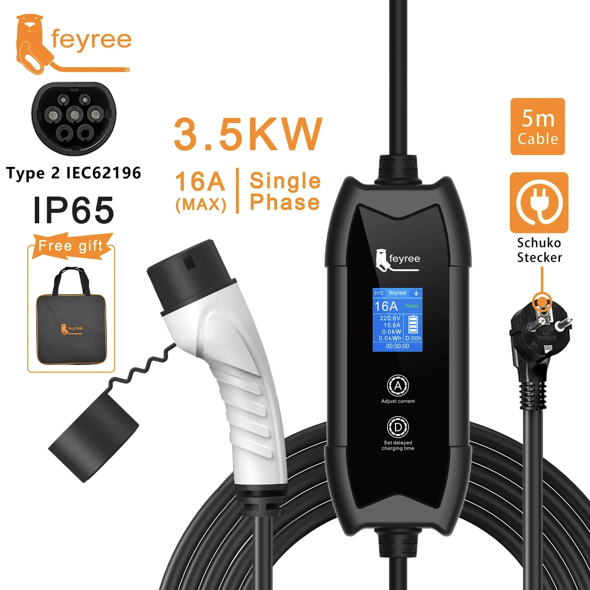 Cargador para Vehículos Eléctricos Feyree Tipo 2, 3.5KW, 16A, Caja de Carga Portátil, Ajuste de Corriente y Tiempo de Retardo, Cable de 5M