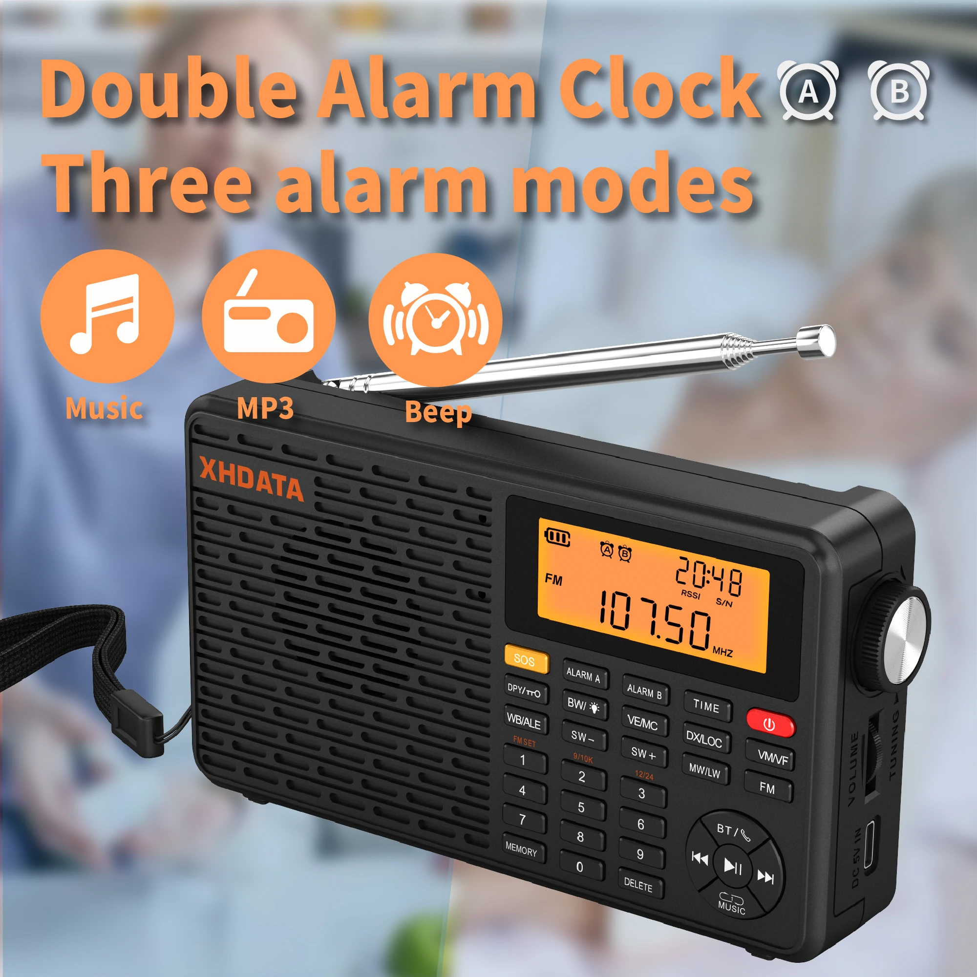 XHDATA D109WB Radio Portátil AM FM Estéreo SW MW LW con Reloj Despertador Digital, Batería Recargable, USB-C y Pronóstico del Tiempo