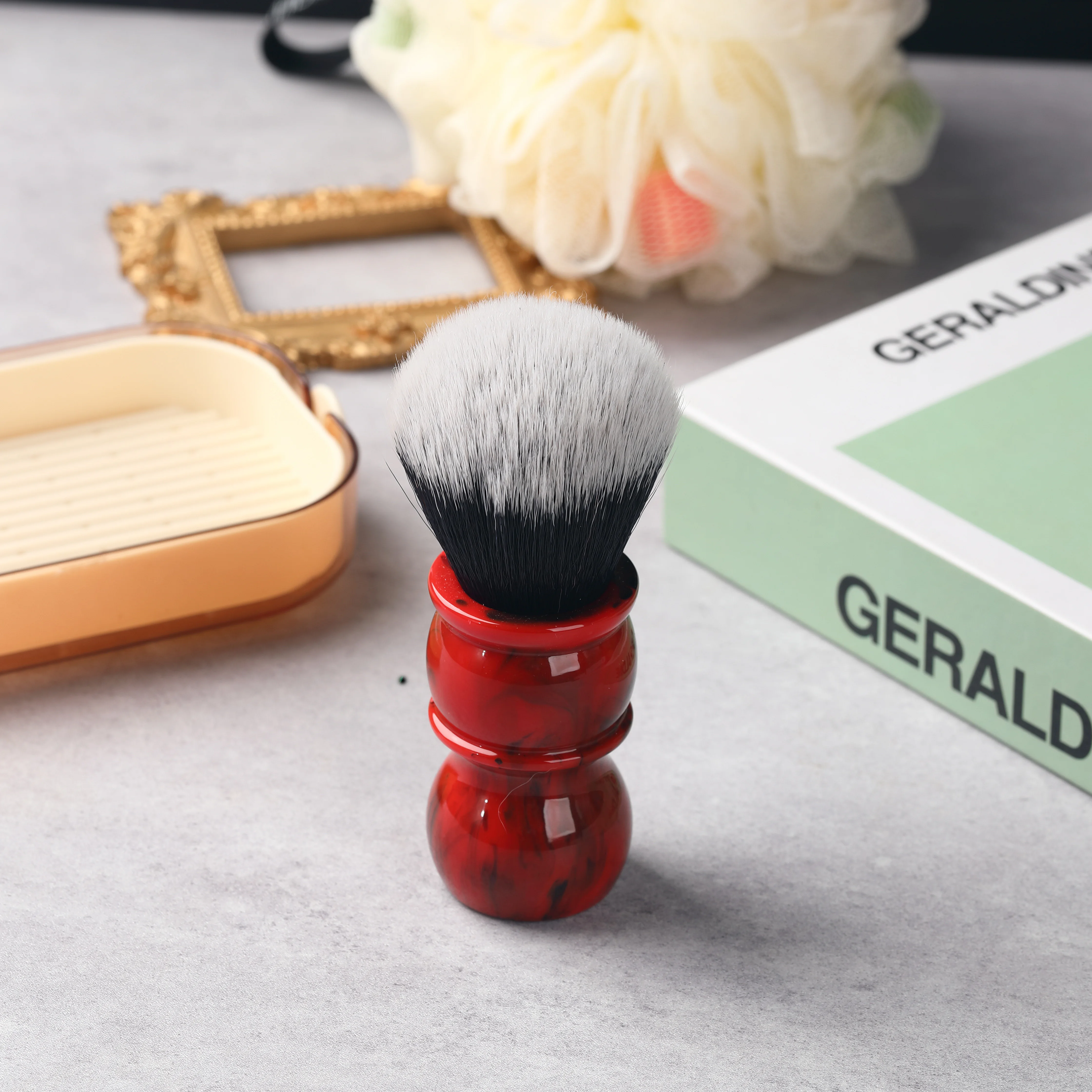 Yaqi brocha de afeitar de pelo sintético para hombre, cepillo de barba, mármol rojo, 24MM