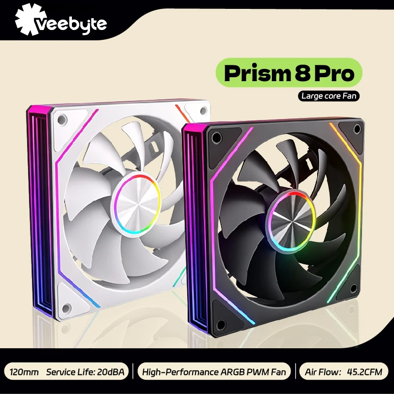 Ventilador para PC Veebyte PRISM 8 PRO de 120 mm ARGB 4PIN 5V-3PIN PWM, Ventilador Silencioso de Enfriamiento de 12V con Gran Volumen de Aire, 45.2CFM/800-1600RPM