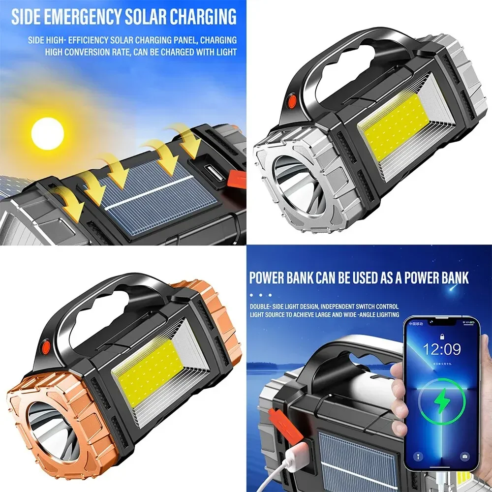 Potente linterna LED 2024 USB + linterna Solar recargable COB para acampar al aire libre reflector portátil banco de energía al aire libre