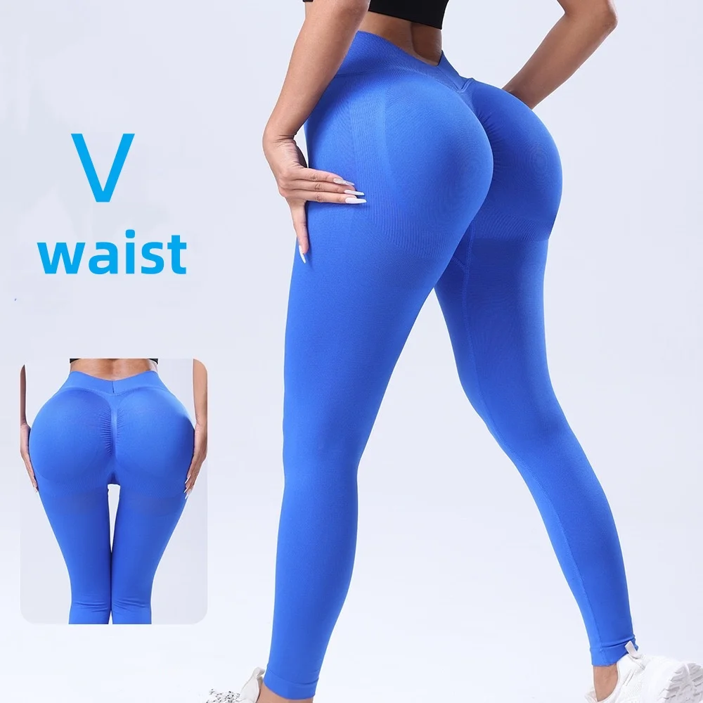 Mallas de cintura en V para mujer, pantalones de Yoga sin costuras, medias levantadoras de cintura alta, mallas deportivas ajustadas de entrenamiento para correr