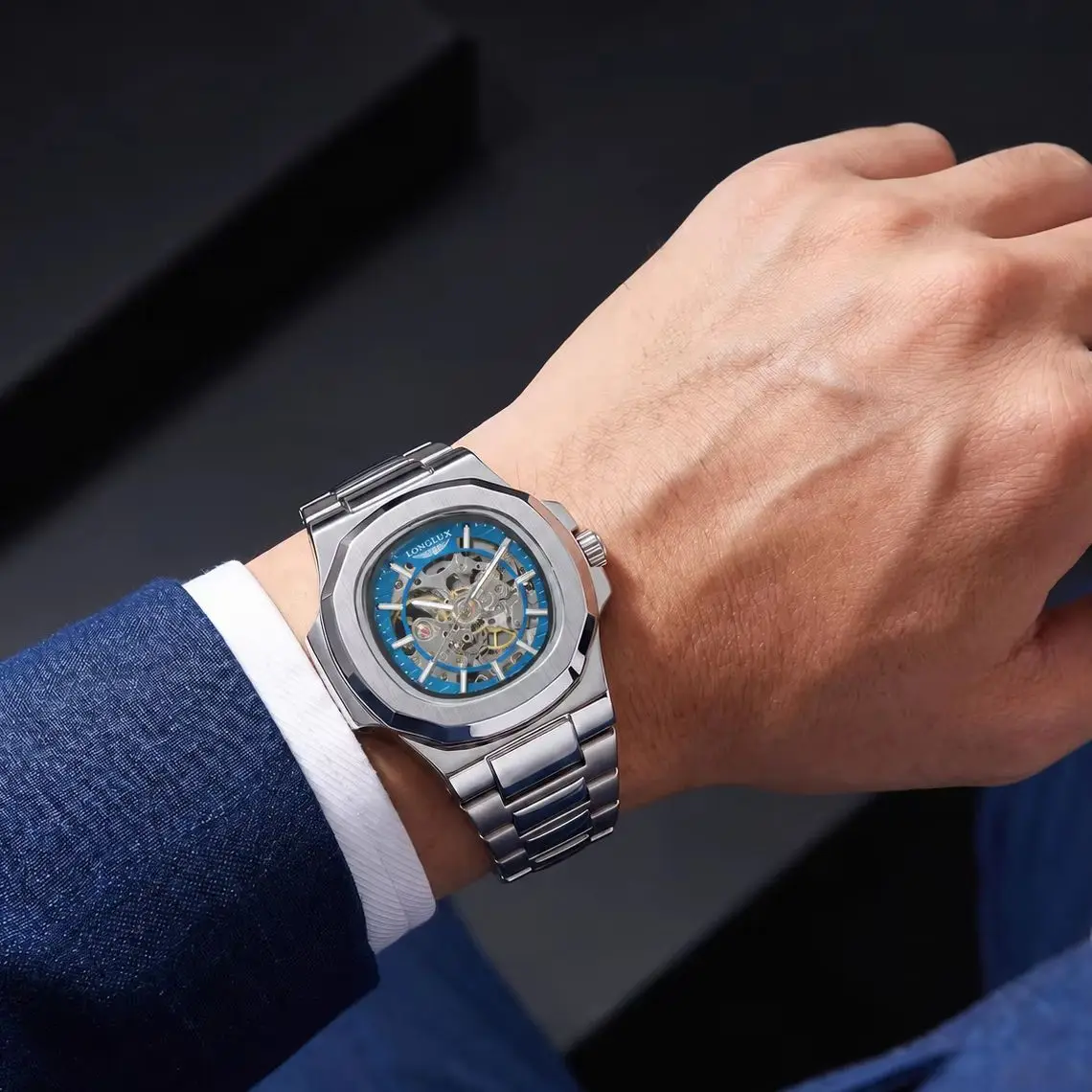 Reloj Mecánico Automático LONGLUX para Hombre, Relojes de Lujo a Prueba de Agua, Esqueleto, Económico, al por Mayor, de Acero Inoxidable, para Regalo