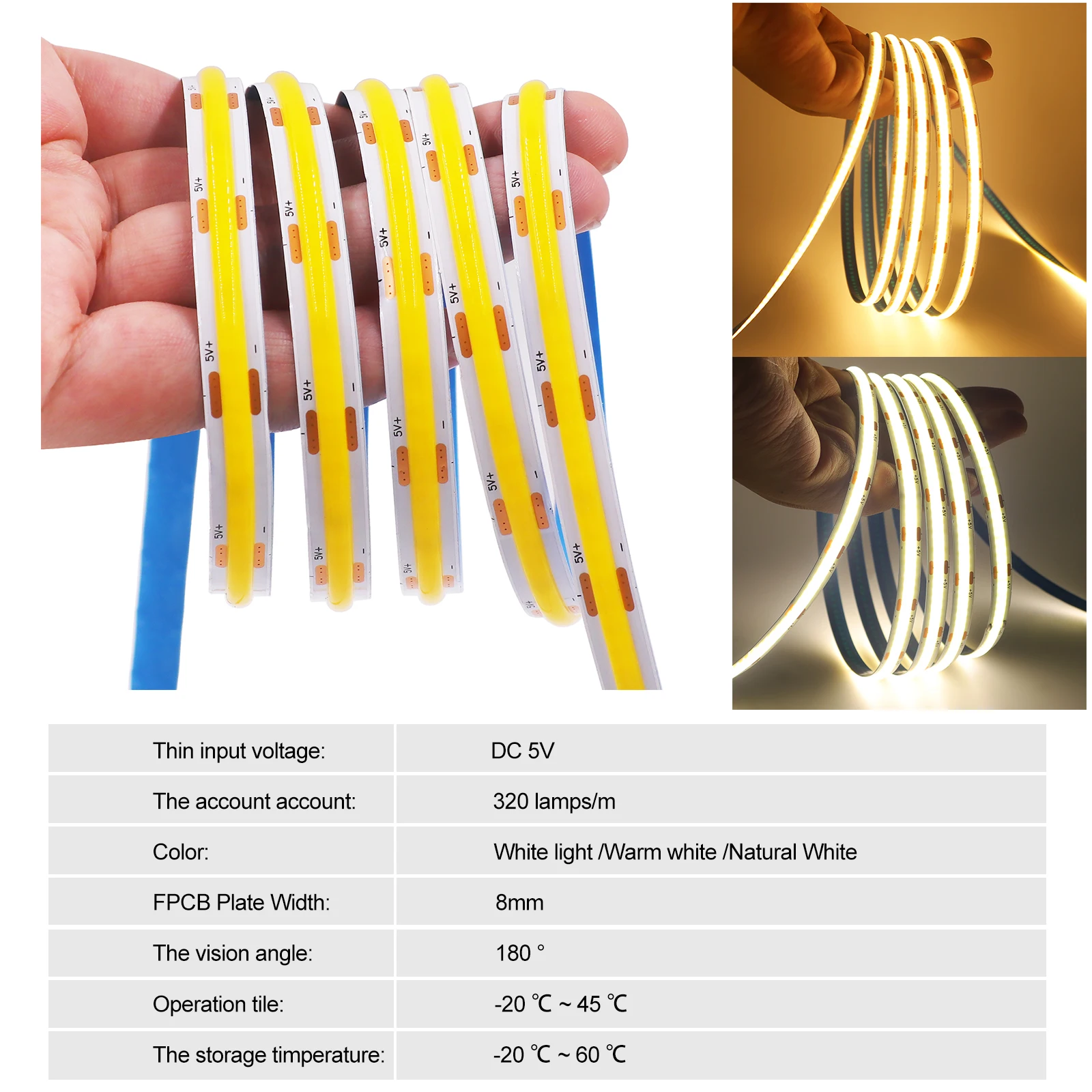 Tira LED COB de 5V USB con Interruptor Táctil y Regulador de Intensidad, 320 Leds, Blanca, 3000K 4000K 6000K, Decoración del Hogar, Lámpara para Gabinete, Cinta Flexible, Luz LED