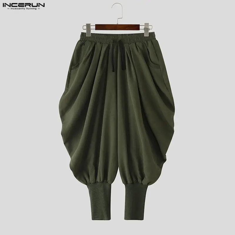 INCERUN, pantalones para hombre, pantalones para correr con cordón de Color sólido, pantalones bombachos informales para hombre, ropa de calle, pantalones sueltos de moda para tiempo libre, pantalones para hombre S-5XL