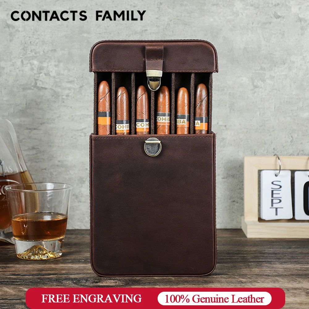 Estuche para cigarros portátil de cuero genuino de lujo, Humidor de viaje, soporte 3/6, bolsa de almacenamiento de cigarros, cuero vacuno Vintage al aire libre