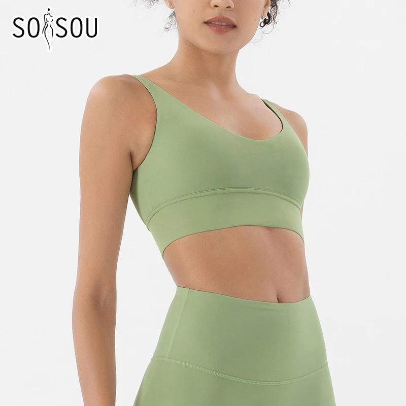 SOISOU-Sujetador de nailon para mujer, Top deportivo ajustado Sexy para gimnasio, ropa interior para Fitness, Yoga, almohadilla para el pecho, sujetador antivibración extraíble, 15 colores
