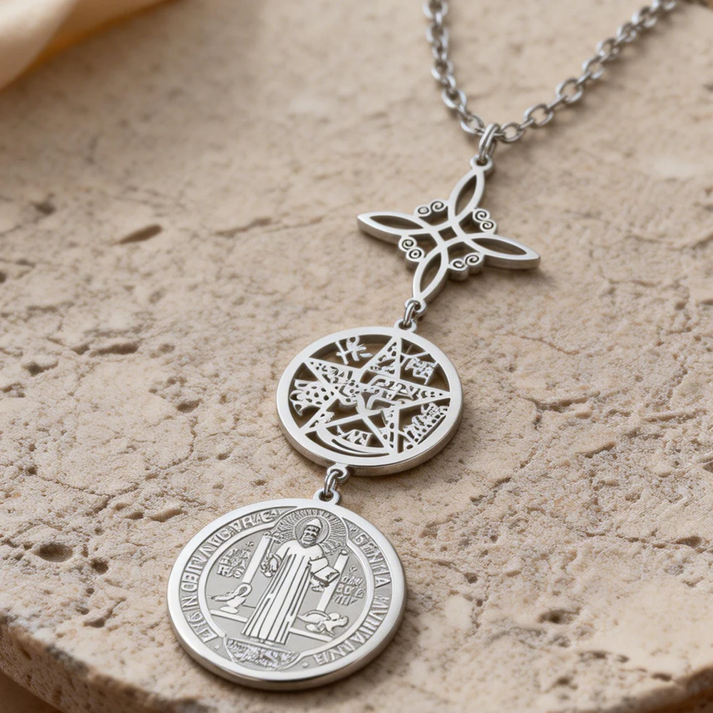 Collar de triple protección con nudo de bruja, pentagrama, tetragrammaton, San Benito, amuleto con símbolo espiritual de acero inoxidable, joyería