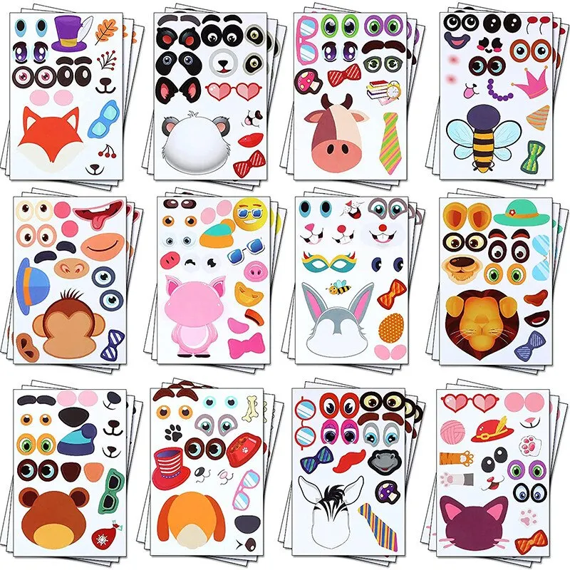 Juego de pegatinas de rompecabezas DIY para niños, 12 hojas, Cara de animales, ensamblaje divertido, pegatinas, juguetes educativos, regalos para niños y niñas