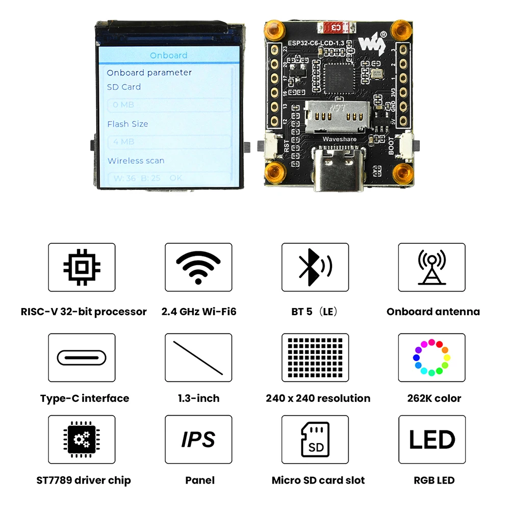 Placa de Desarrollo ESP32-C6 con Wi-Fi y Bluetooth, Módulo de Desarrollo con Pantalla Digital LCD de 1.3 Pulgadas, Circuito Integrado de Controlador ST7789, Puerto Tipo-C