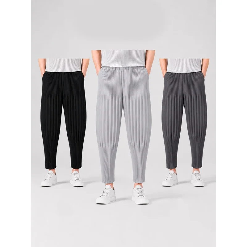 Pantalones Holgados Plisados Miyake para Hombre, Estilo Japonés Vintage, Transpirables, de Cintura Baja, Ropa Urbana