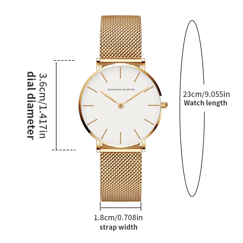 Reloj HANNAH MARTIN para Mujer, Estilo Nórdico Minimalista, Movimiento de Cuarzo Japonés, Resistente al Agua 3 Bar, 36 mm, Oro Rosa Completo, Dropshipping