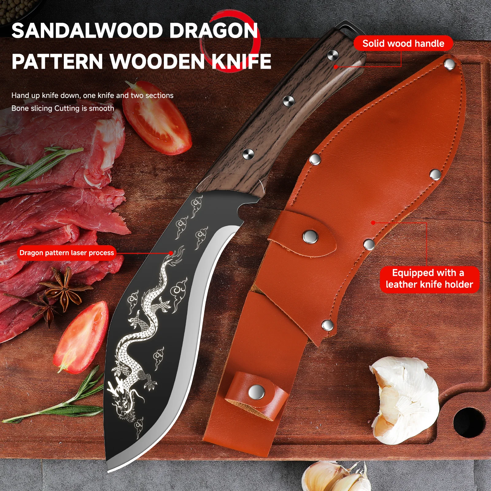 Stainless Steel Dragon Flower Pattern Chopping Meat Cleaver Hand Forged Kitchen Knife Wooden Handle Butcher Knife
