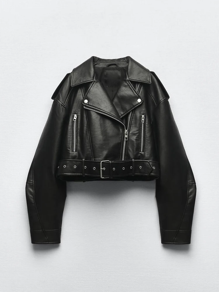 Ailegogo primavera otoño mujer imitación Pu Chaqueta corta de cuero con cinturón motocicleta motociclista mujer cremallera solapa abrigo suelto prendas de vestir