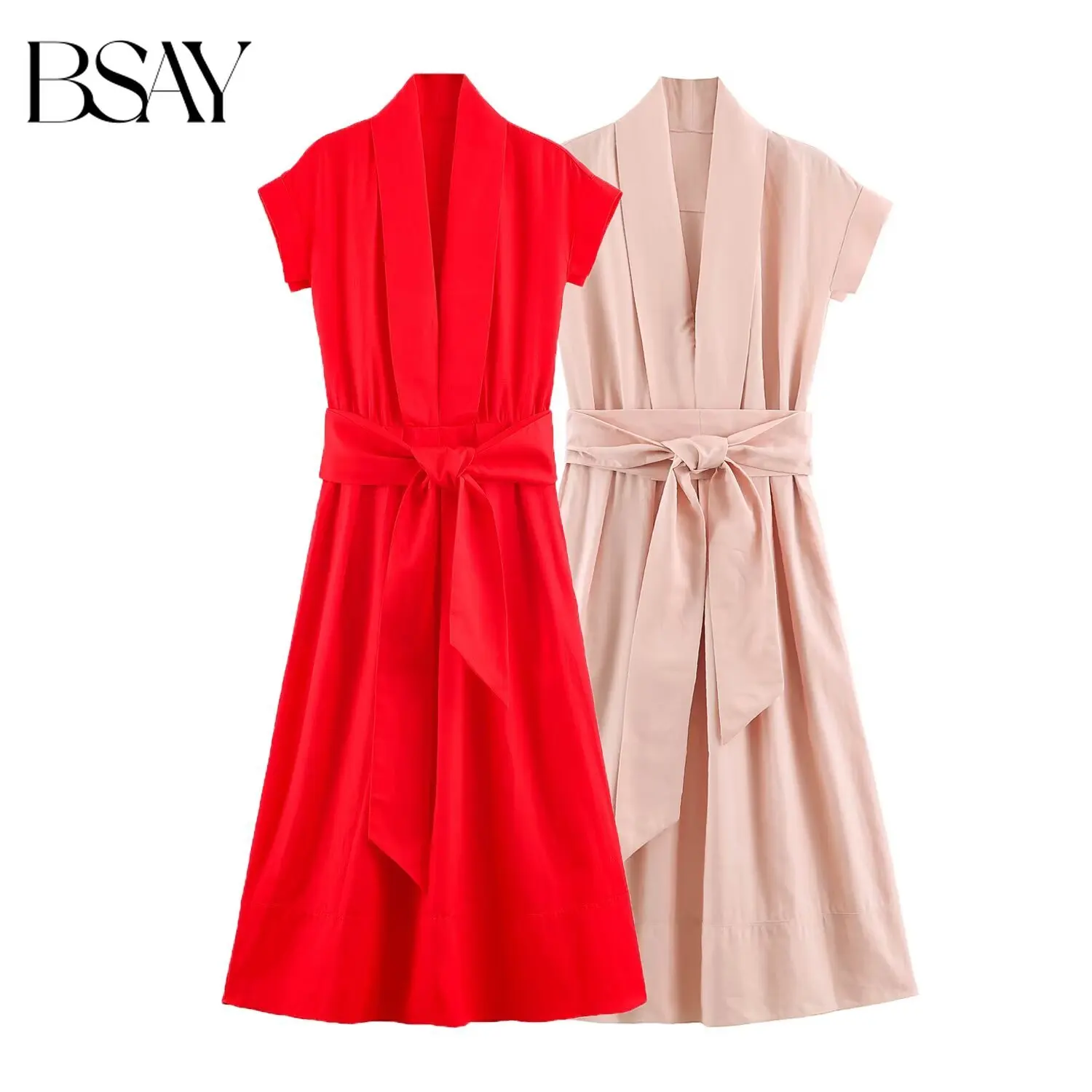 Vestido Midi BSAY 2026 para Mujer, Cuello en V, Manga Corta, Cinturón Ajustable, Estilo Camisero, Línea A, Color Sólido, Elegante, Casual de Verano, Largo