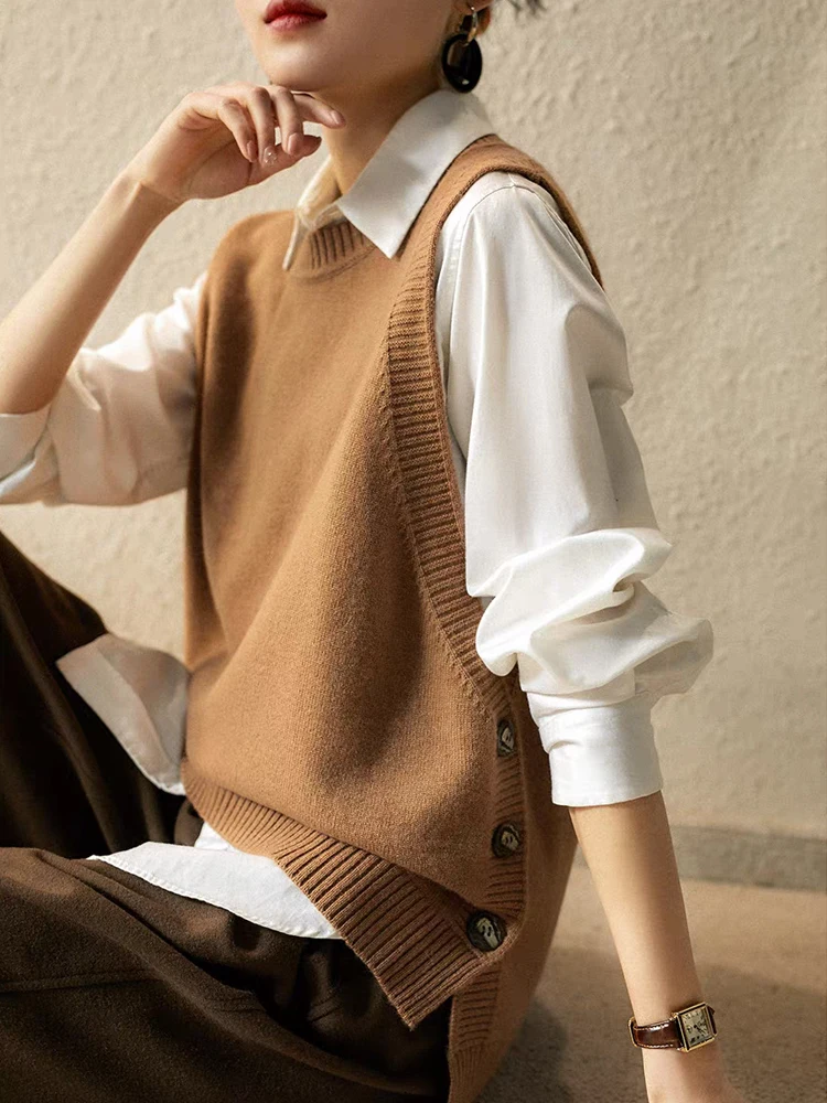 Nueva moda 100% de lana merina para mujer, suéter, chaleco, Otoño Invierno, prendas de punto para mujer, jersey liso, ropa de Cachemira sin mangas, Tops