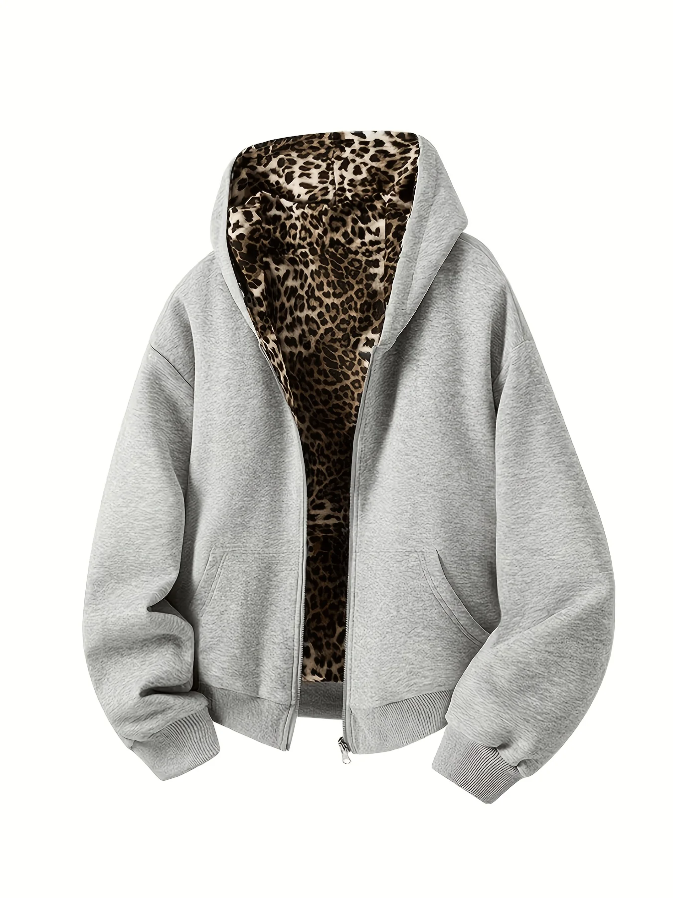 Sudadera con capucha de estilo retro Y2K, estilo urbano, con estampado de leopardo de doble cara, sudadera con capucha con estampado de leopardo para mujer con bolsillos grandes, sudadera con cremallera y bolsillos, ropa urbana