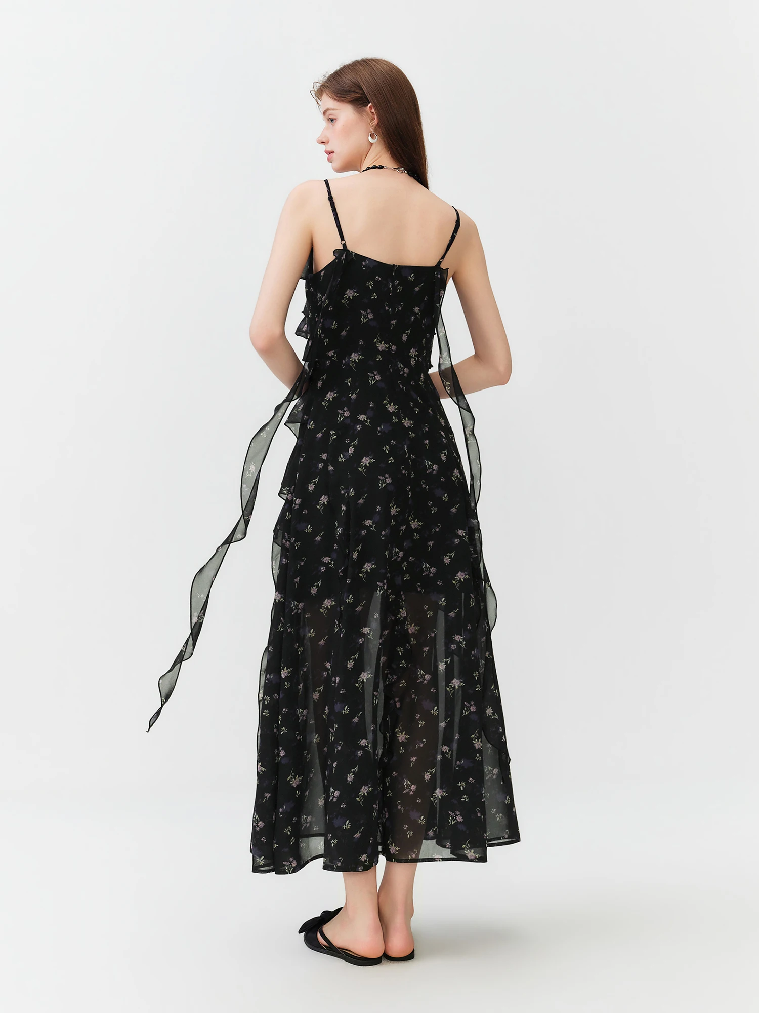 FSLE Vestido largo de verano con estampado floral y volantes para mujer, vestido largo con tirantes ajustables y corte en A, estilo romántico coqueto