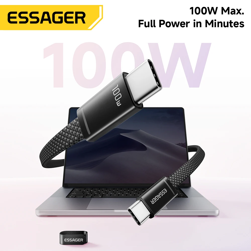 Cable Essager de 100W 5A Tipo C a Tipo C para iPhone 17, Macbook, Xiaomi, Huawei, Cable Plano Ultrafino USB C, Cable de Carga Rápida Tipo C