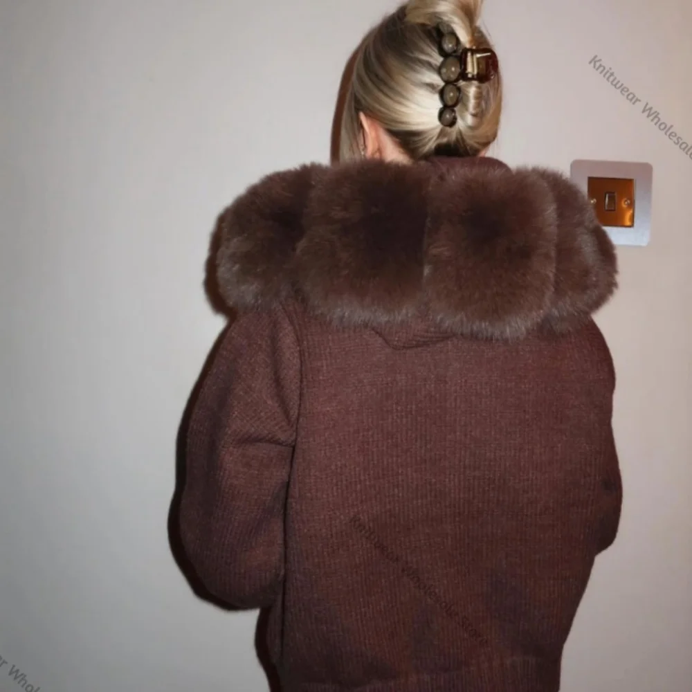 2024 moda Otoño Invierno Casual con capucha cuello de piel de zorro Real moda Chaqueta corta de punto con abrigo de piel Natural para mujer