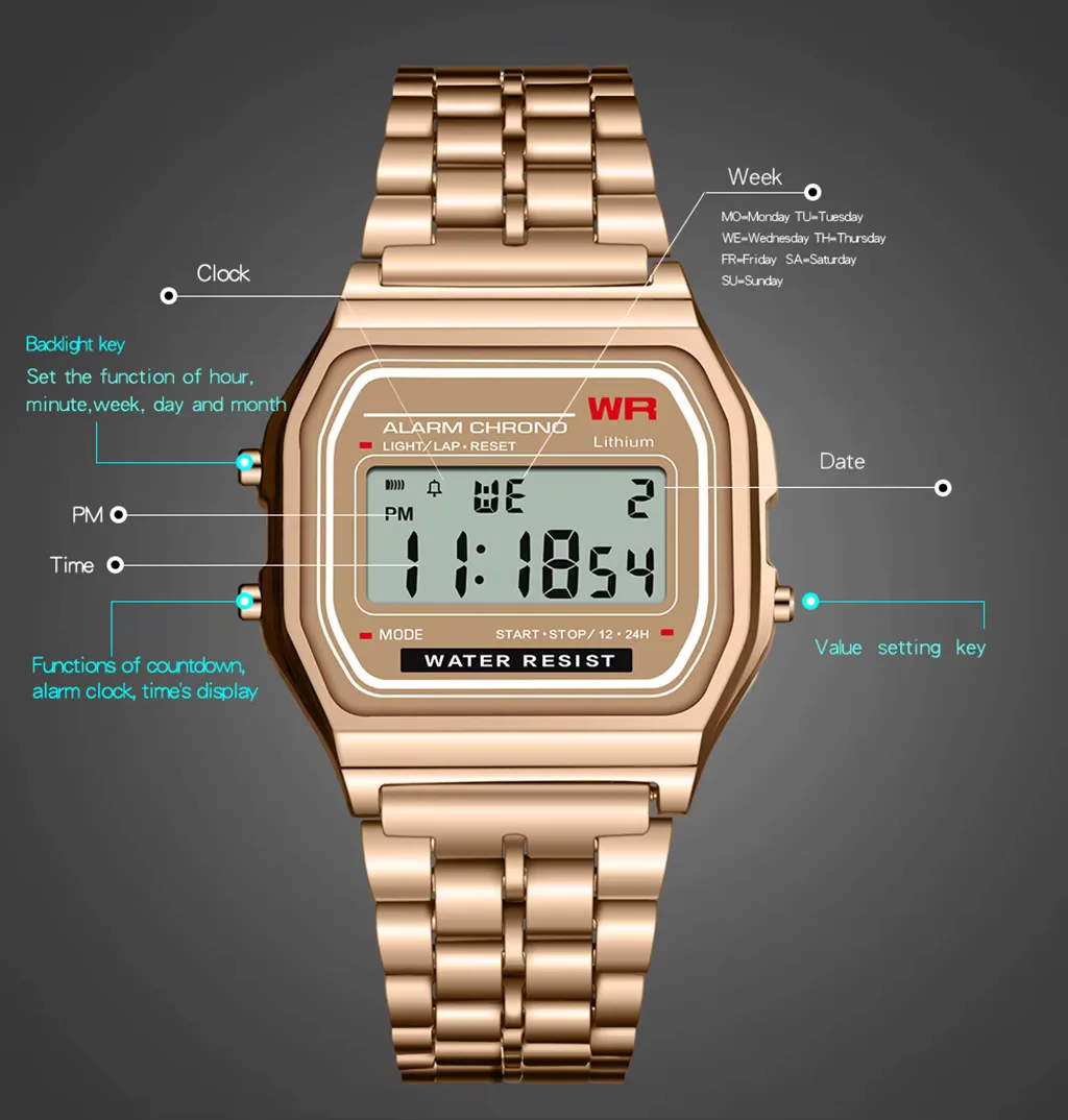 Relojes digitales LED de lujo de Brasil para hombre, reloj electrónico de acero inoxidable dorado, reloj de negocios a la moda para hombre, relojes masculinos
