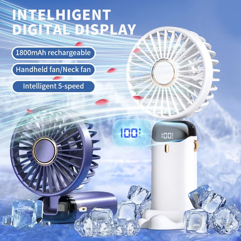 Mini ventilador portátil de mano, ventiladores plegables para colgar en el cuello, ventilador recargable por USB de 5 velocidades con soporte para teléfono y pantalla de visualización de 1800mAh