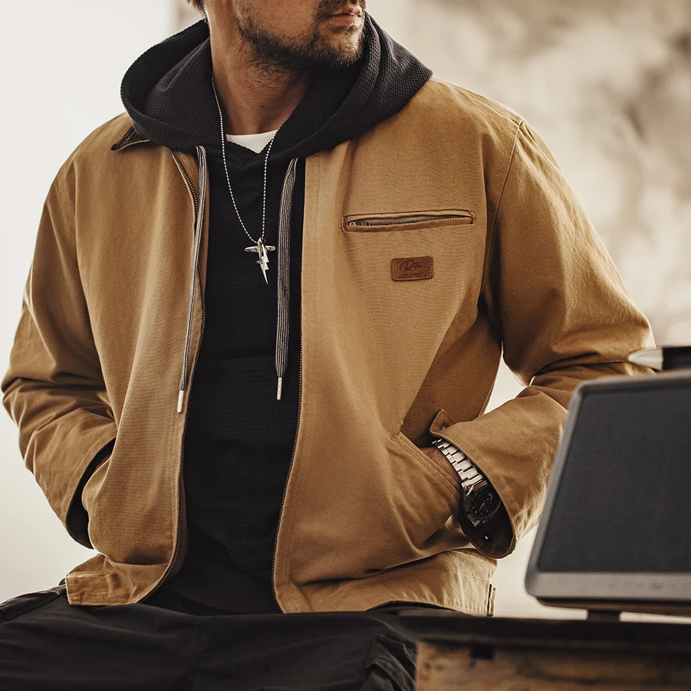 Maden Chaqueta Retro J001 Detroit para hombre, abrigo de caza de lona pesada, chaquetas de trabajo con cuello de solapa y cremallera para primavera y otoño