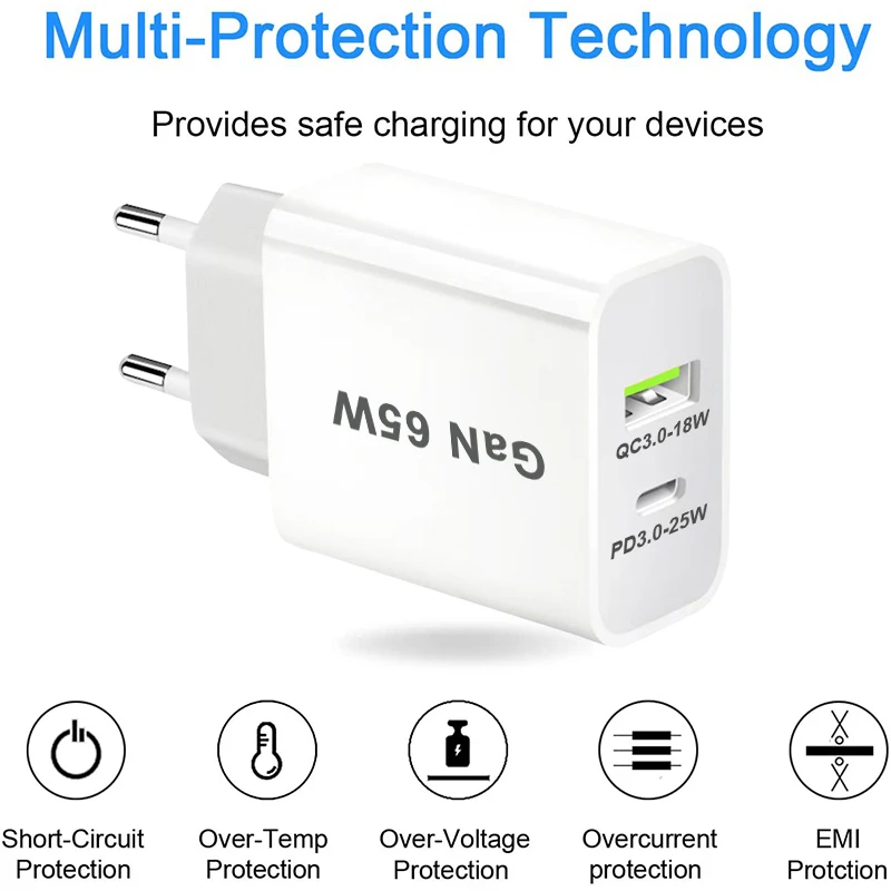 Cargador USB tipo C, adaptador de corriente con 2 puertos, 65W, PD 3,0 GaN, Compatible con iPhone 13, USB, ru/AU/EU/US