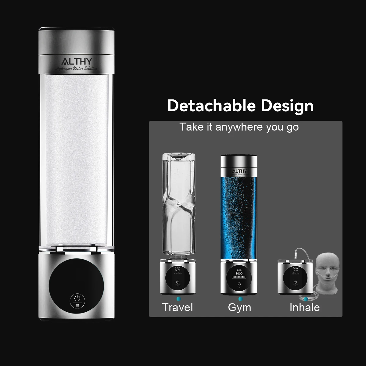 Botella geradora de agua de hidrógeno de rendimiento ALTHY DuPont SPE + cámara doble PEM + pantalla de PPB, tiempo y batería + dispositivo de inhalación H2