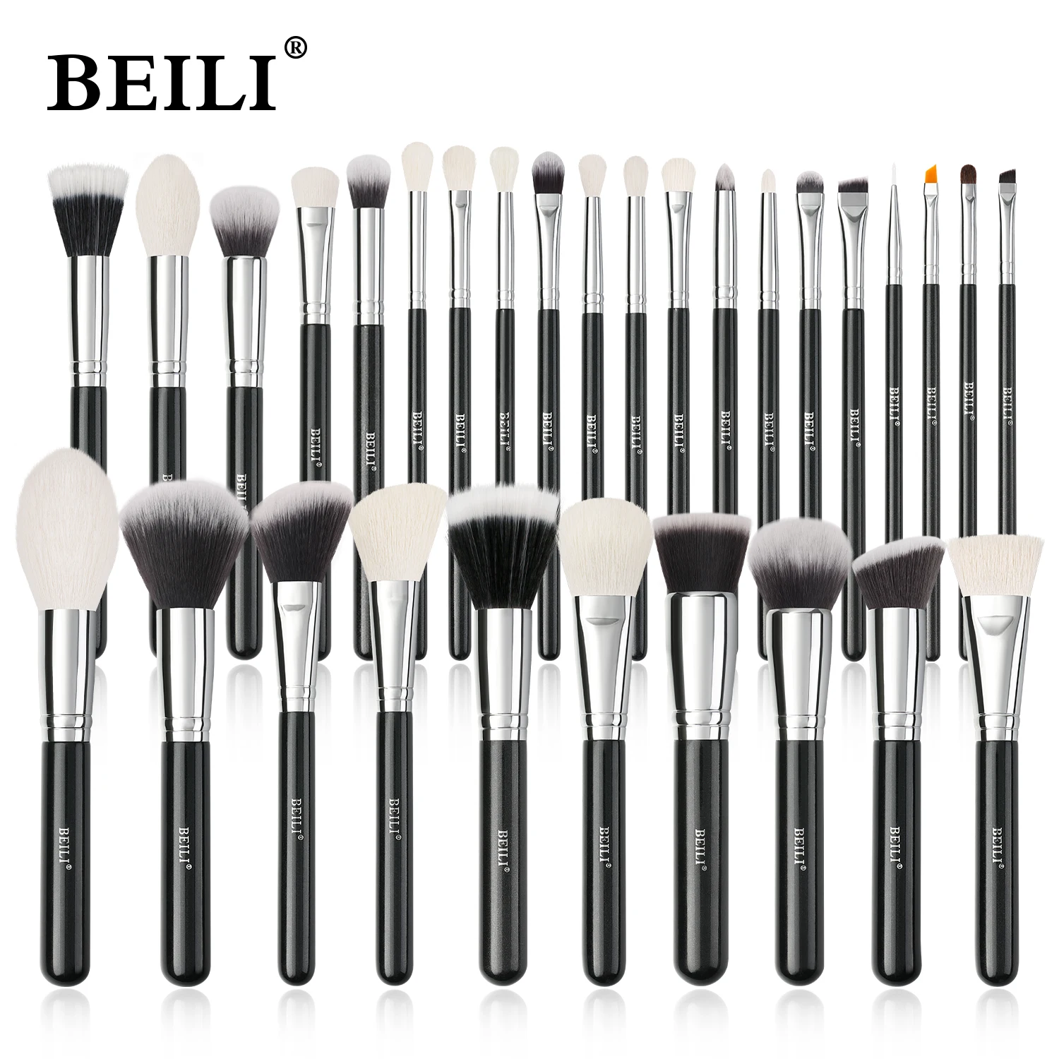 Conjunto de negras brochas maquillaje BEILI, brochas profesionales de pelo Natural de cabra, brochas para base de maquillaje en polvo, brochas para mezclar ojos y maquillaje