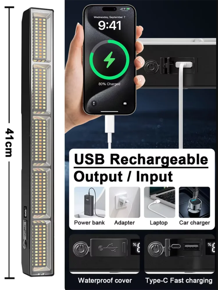 【Barra de luz LED magnética de alta potencia】2026 nueva luz de trabajo recargable por USB portátil 3 modos IP66 banco de energía de emergencia impermeable