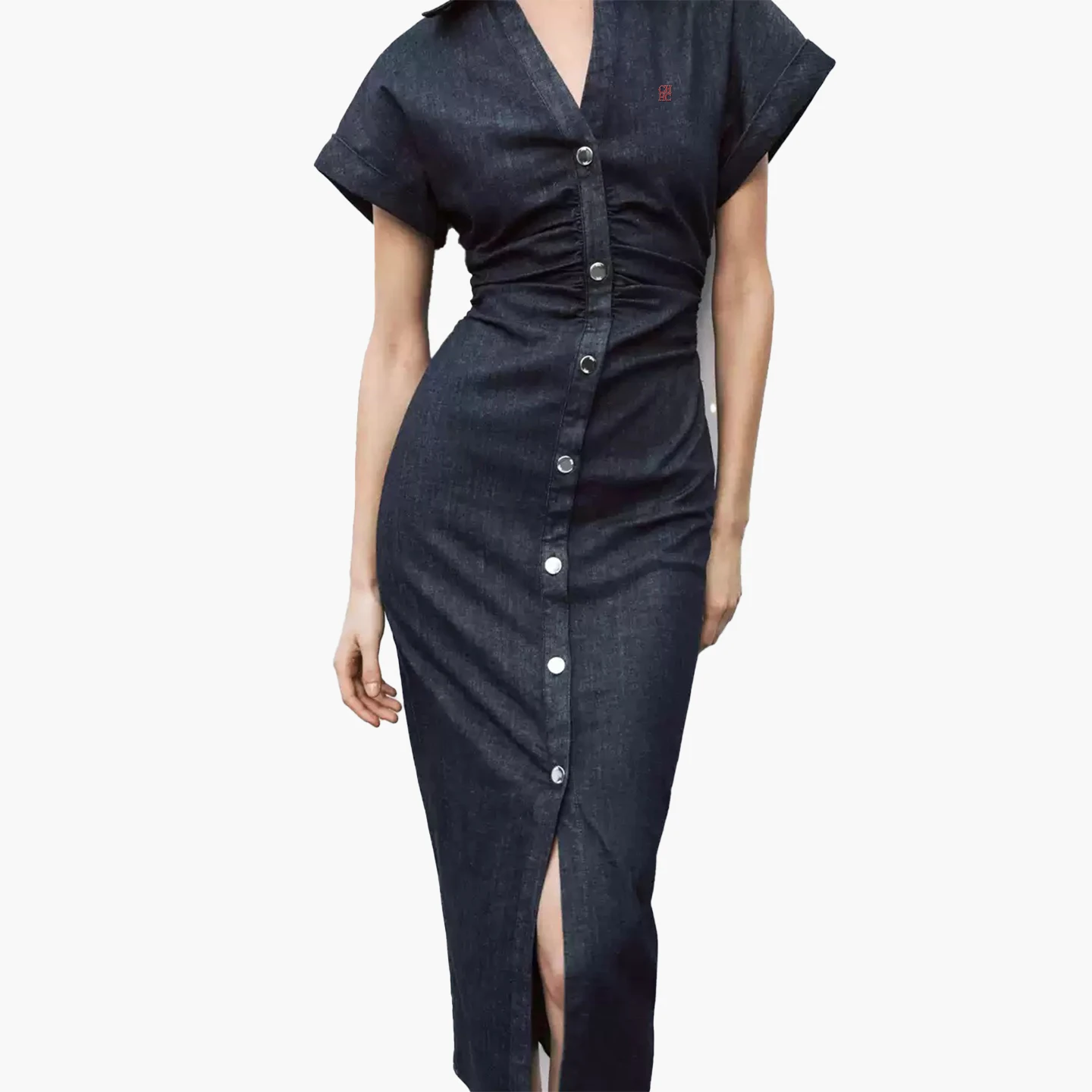 Vestido Midi de Mezclilla de Color Sólido con Letras CH Bordadas, Manga Corta, Cuello Solapa, Cintura Fruncida, Estilo Casual Elegante para Oficina