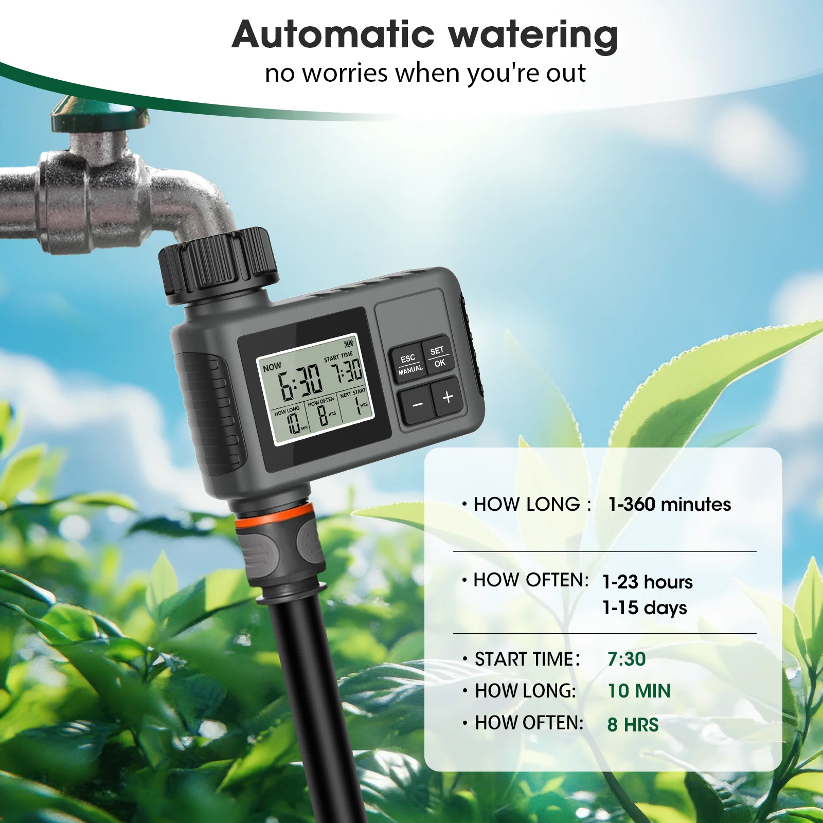 Temporizador de agua automático Insoma, sistema de riego inteligente, temporizador de aspersor, equipo programador de jardín, pantalla LCD IPX7