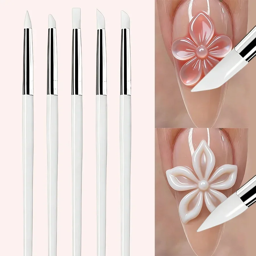 Juego de 5 Pinceles de Silicona Profesionales para Esmalte de Gel UV, Herramientas de Puntillismo para Arte de Uñas 3D, Bolígrafos de Manicura