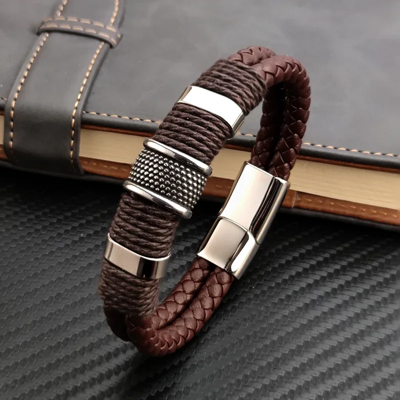 Pulsera de lujo Vintage multicapa de cuero marrón de acero inoxidable para hombre, pulsera de cuentas, joyería, brazalete de muñeca para hombre, regalos de navidad