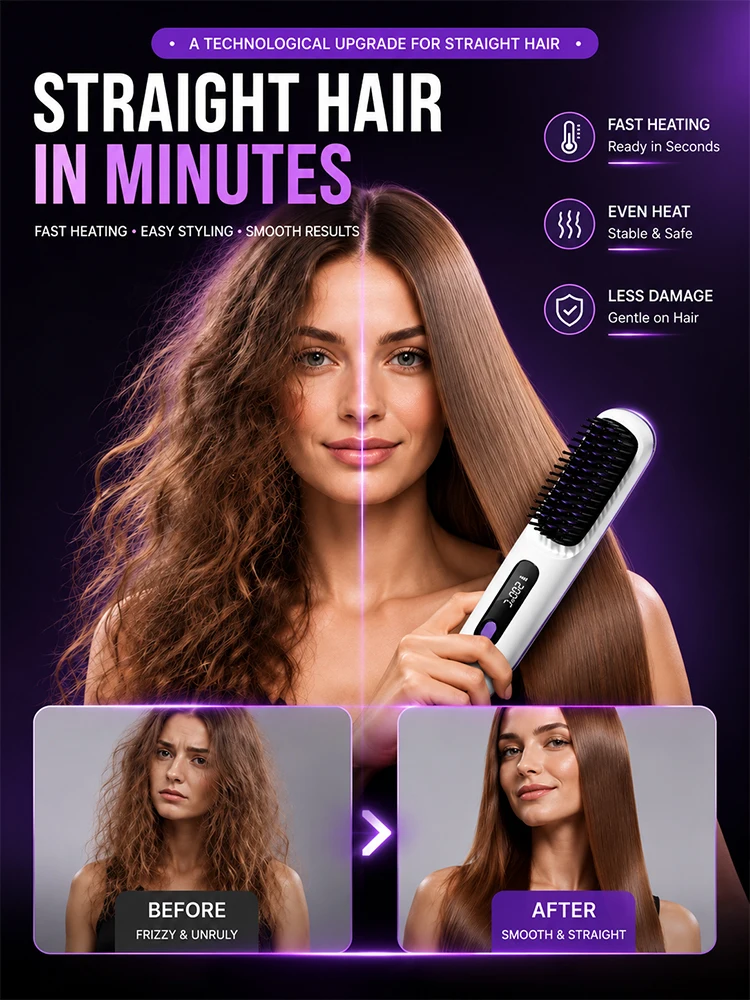 Cepillo Alisador de Cabello Inalámbrico, Peine Eléctrico con Calor, Recargable por USB, 4 Niveles de Temperatura, Pantalla Digital para Mujeres, Ideal para Viajes