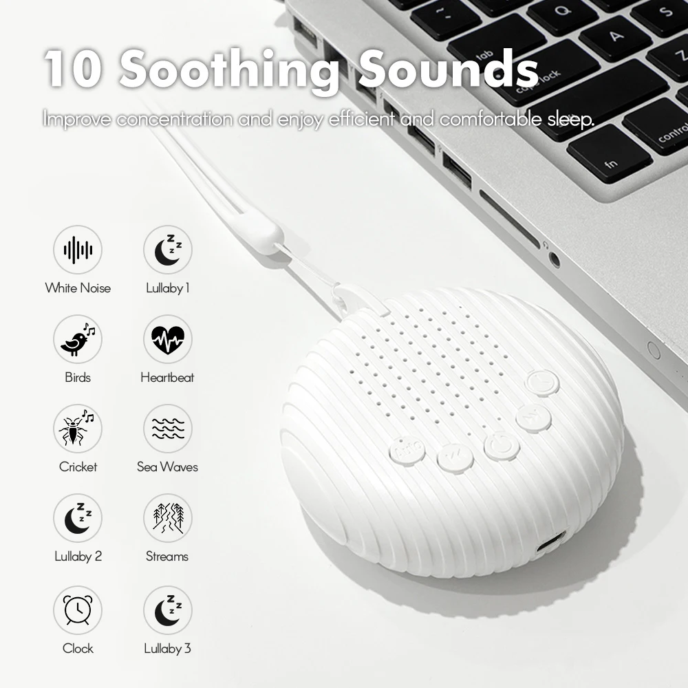Máquina de ruido blanco, 10/12 sonidos, máquina portátil recargable por USB para dormir, para bebés, adultos y ancianos, temporizador, volumen para dormir y relajación