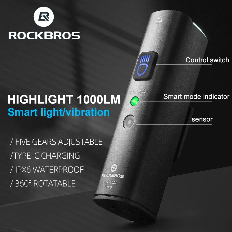 ROCKBROS-Luz LED inteligente con sensor de vibración para bicicleta, lámpara frontal de 1000 lúmenes, 4000mAh, 5 modos, tipo c