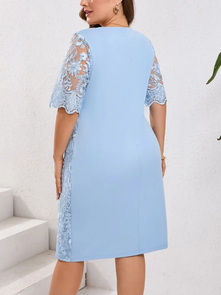 GIBSIE, vestido de talla grande de encaje bordado de media manga con cuello redondo, vestido Midi ajustado elegante para fiesta de cóctel de verano y otoño para mujer