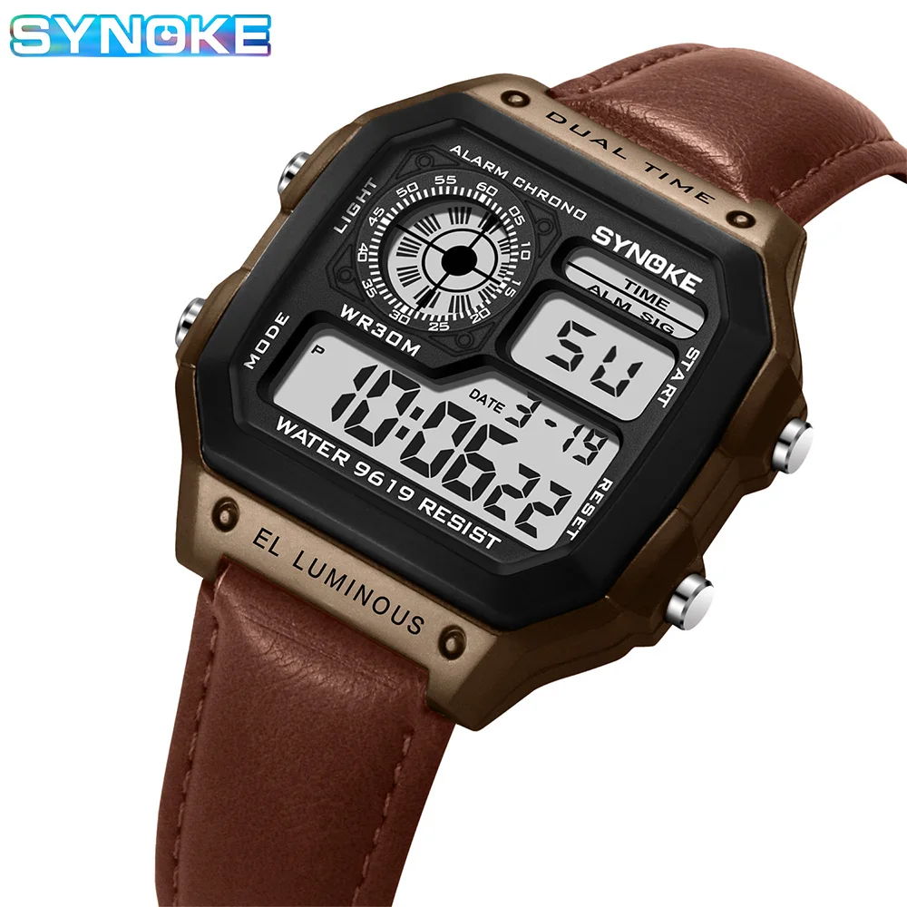 Reloj con correa SYNOKE para hombre, reloj Digital LED luminoso multifuncional para deportes al aire libre, reloj Digital de cuero PU para hombre, moda Retro