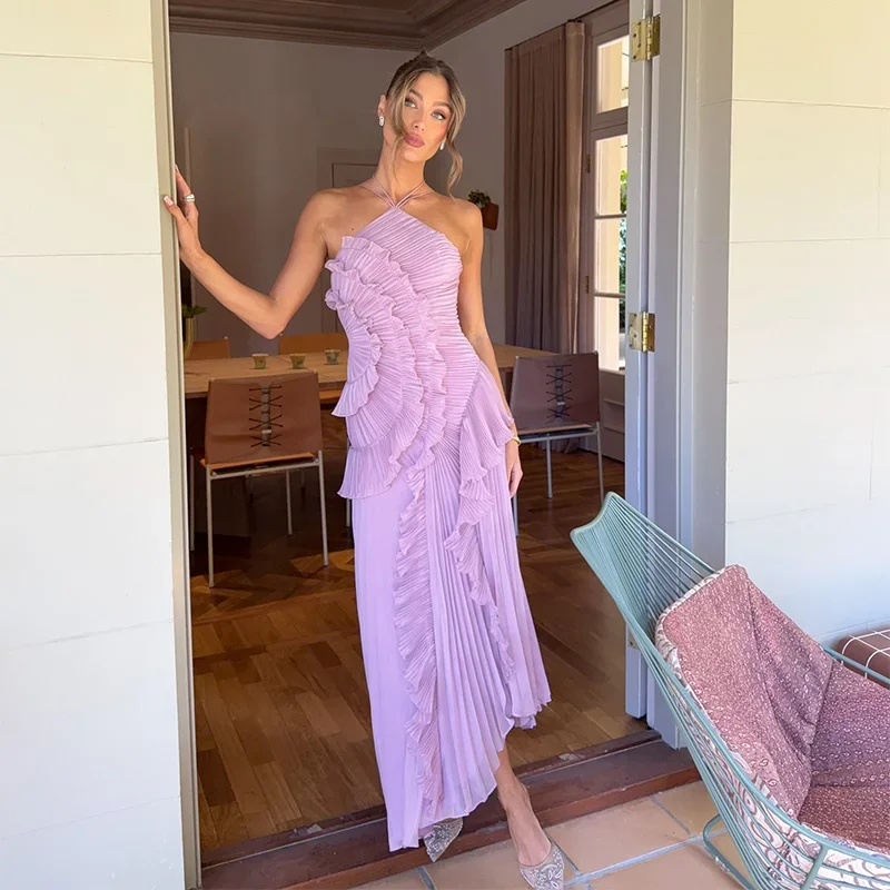 Vestido de noche elegante con tirantes y volantes, vestido de fiesta Sexy con pliegues sólidos y cordones y espalda descubierta, novedad de 2025, bata Y2k para fiesta y vacaciones
