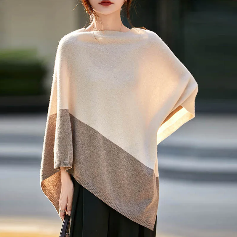 Capa de lana merina de 100% para mujer, jersey, chal Grace, estilo Simple, para oficina, capa larga y contrastante, Top de Cachemira para Otoño e Invierno